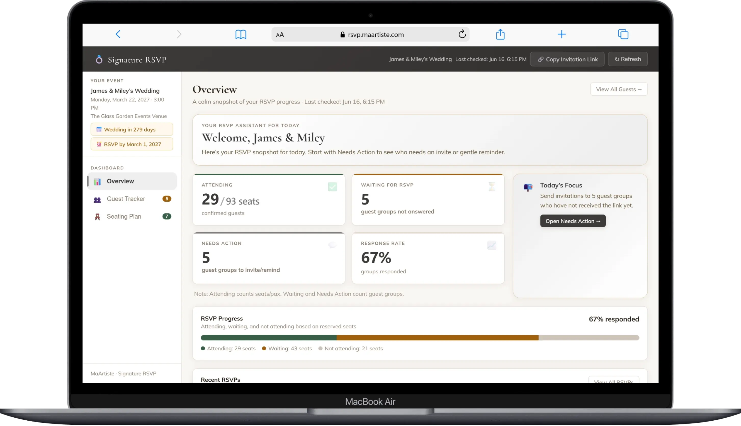 Guest Tracker dashboard showing RSVP statuses, confirmed seats, and guest details