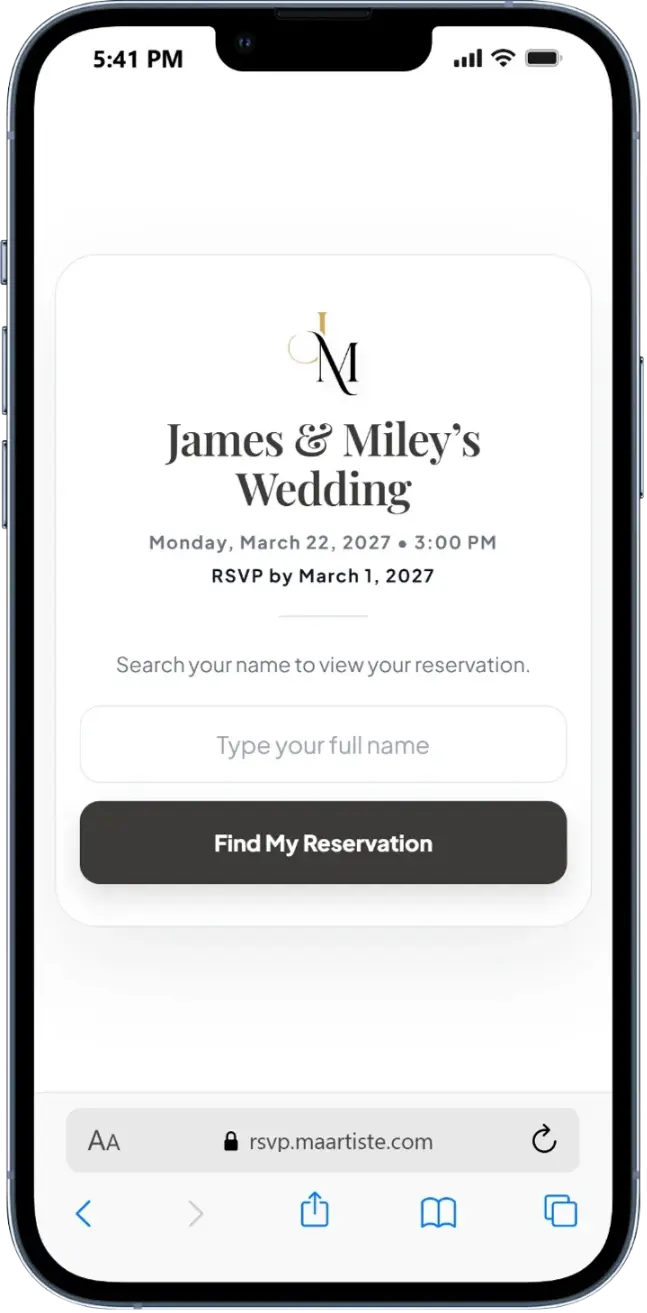 RSVP search screen showing a guest finding their name and confirming attendance